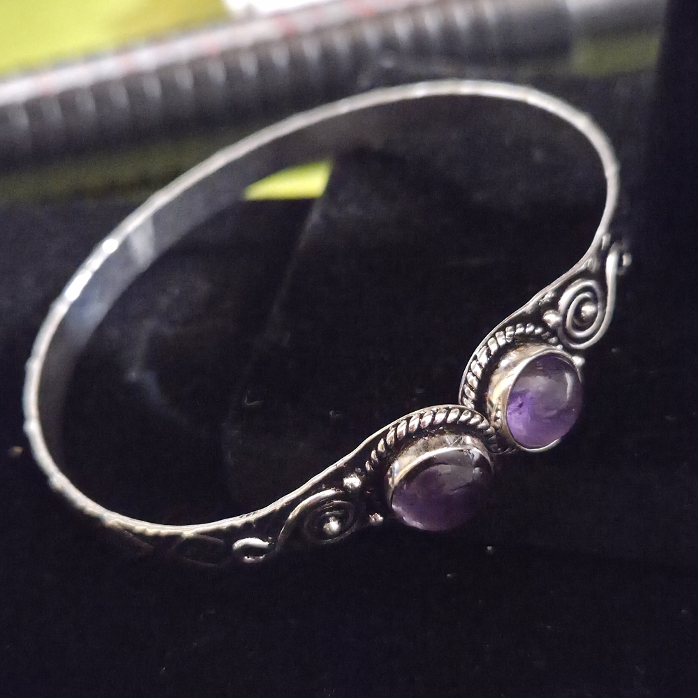 NWOT Natural Amethyst and Silver Adjustable Cuff Handmade Bangle Bracelet